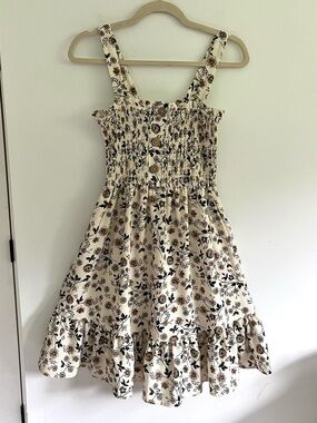 Mary & Mo Cream Brown Floral Smocked Boho Cottagecore Neutral Mini Dress Small